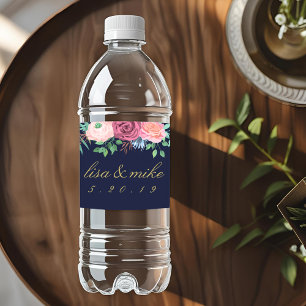 Rustic Floral Wedding Navy Water Bottle Label