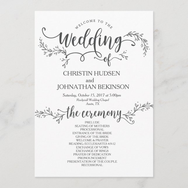 Rustic Floral wedding program card 5x7 design (Front)