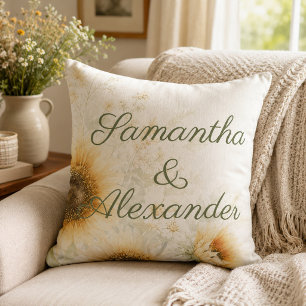 Rustic floral wedding sunflower themed throw pillow