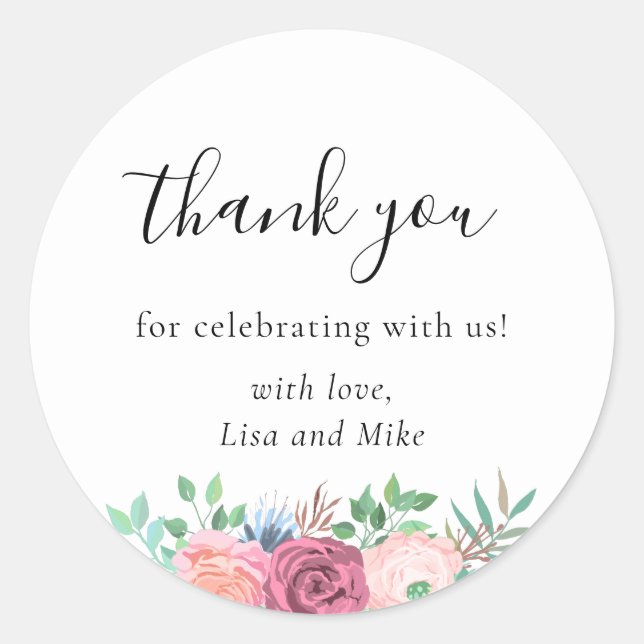 Rustic Floral Wedding Thank You Classic Round Sticker (Front)