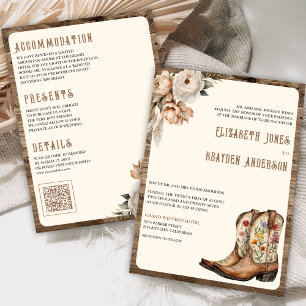 Rustic Floral Western Cowboy Boots QR Code Wedding Invitation