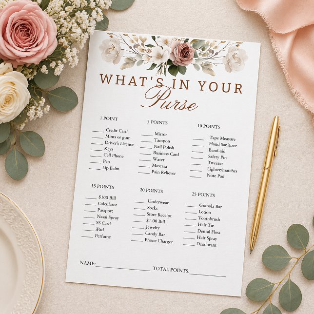 Rustic Floral What's In Your Purse Game Card (Fun Bridal Shower Party Game)