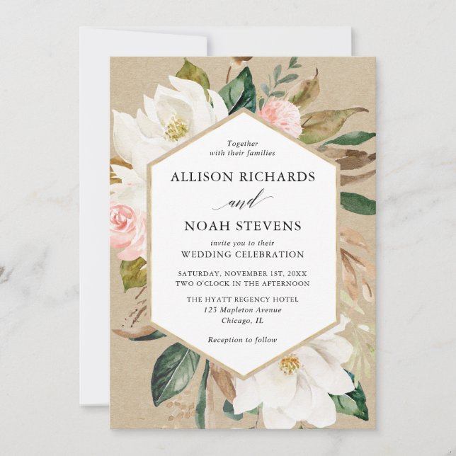 Rustic floral white blush magnolia wedding invitation (Front)