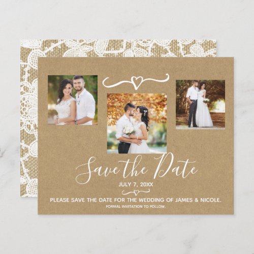 Rustic Floral White Lace Kraft Photo Save the Date