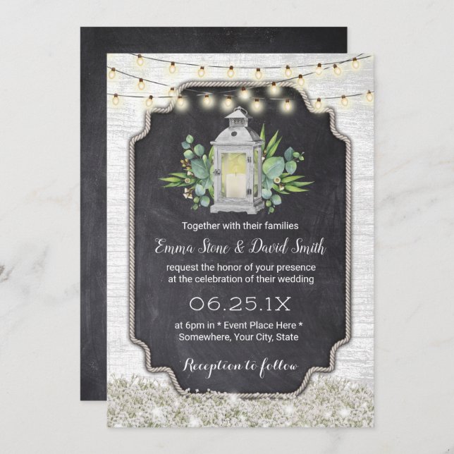 Rustic Floral White Lantern String Lights Wedding Invitation (Front/Back)