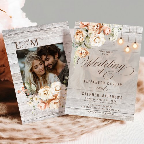 Rustic Floral White Rose and Blush Pink Wedding Invitation