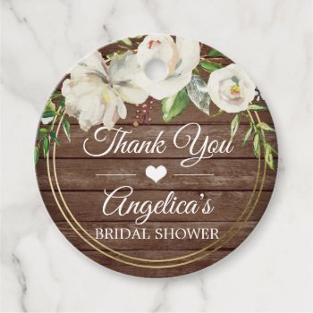 Rustic Floral White Wood Bridal Shower Thank You Favor Tags by UniqueWeddingShop at Zazzle