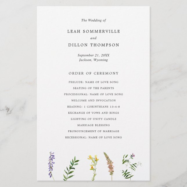 Rustic Floral Wildflower Budget Wedding Program Flyer (Front)