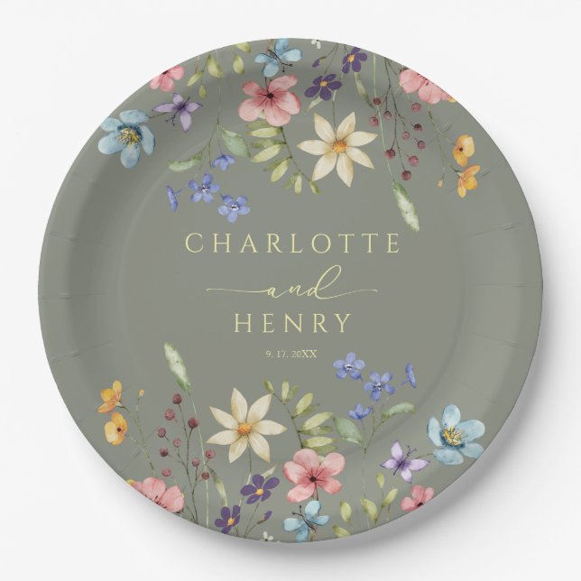 Rustic Floral Wildflowers Simple  Green Wedding Paper Plates (Front)