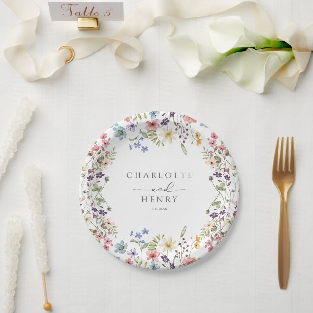Rustic Floral Wildflowers Simple Wedding Paper Plates (Wedding)