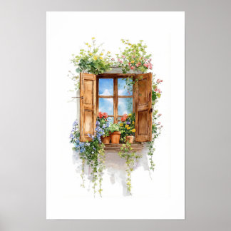 Rustic Floral Window – Cottage Style Poster