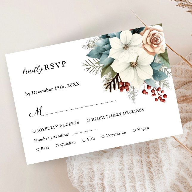 Rustic Floral Winter Christmas Wedding RSVP Card (Creator Uploaded)