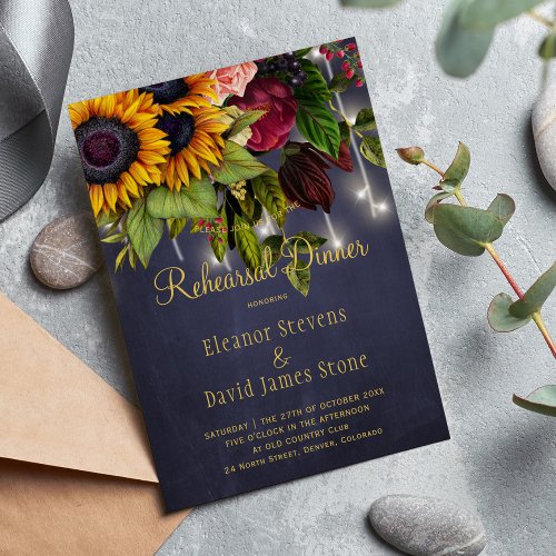 Rustic floral winter navy wedding rehearsal dinner invitation