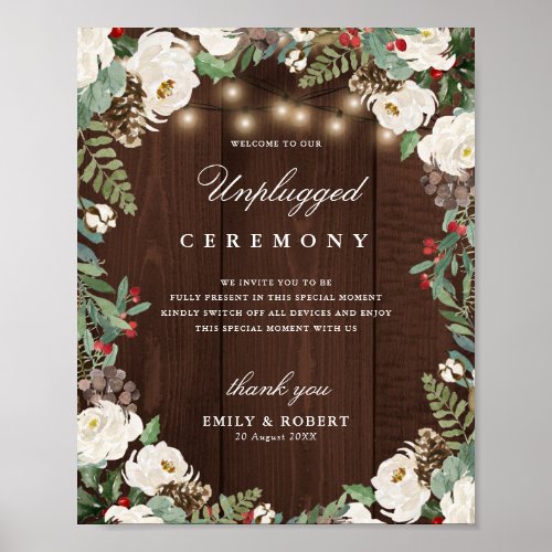 rustic floral winter unplugged ceremony sign