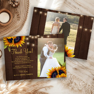 Rustic floral wood 2 photo wedding thank you card