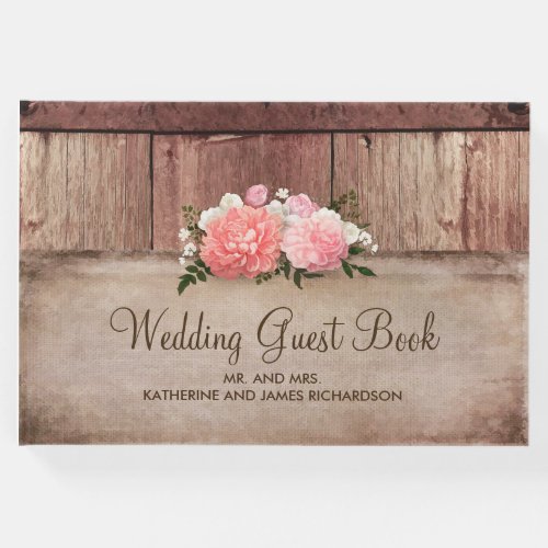 Rustic Floral Wood and Burlap Barn Wedding Guest Book - Rustic country barn wedding guest book with pink and white flowers bouquet and rustic burlap and wood.