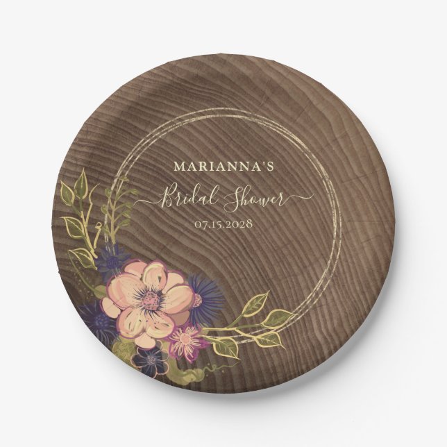 Rustic Floral Wood Bridal Shower Paper Plates (Front)