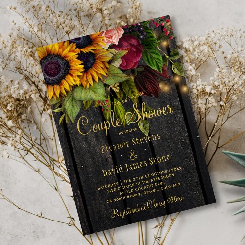 Rustic floral wood burgundy winter couple shower invitation