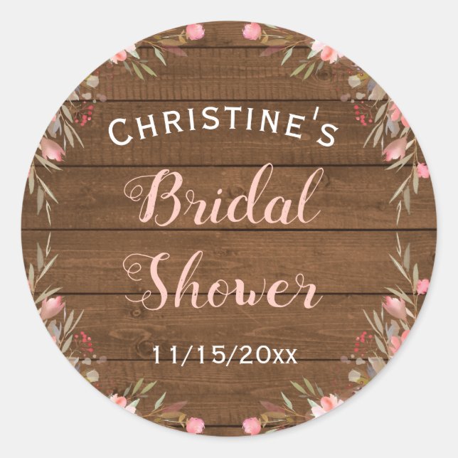 Rustic Floral Wood Country Chic Bridal Guest Favor Classic Round Sticker (Front)