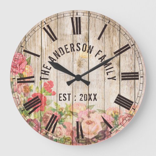 Rustic Floral Wood Custom Family Name Farmhouse Large Clock