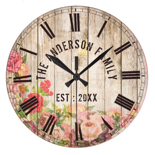 Rustic Floral Wood Custom Family Name Farmhouse Large Clock