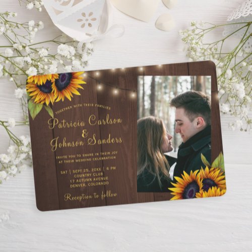 Rustic floral wood custom photo wedding invitation