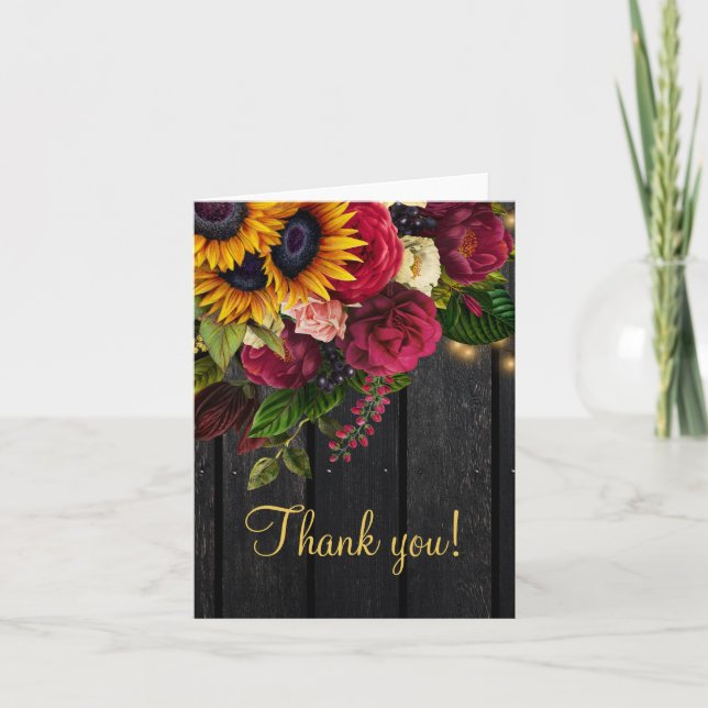 Rustic floral wood elegant gold script thank you card (Front)