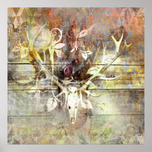 Rustic Floral Wood Grain Stag Skull Antlers Poster