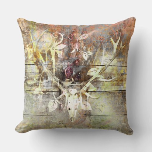 Rustic Floral Wood Grain Stag Skull Antlers Throw Pillow