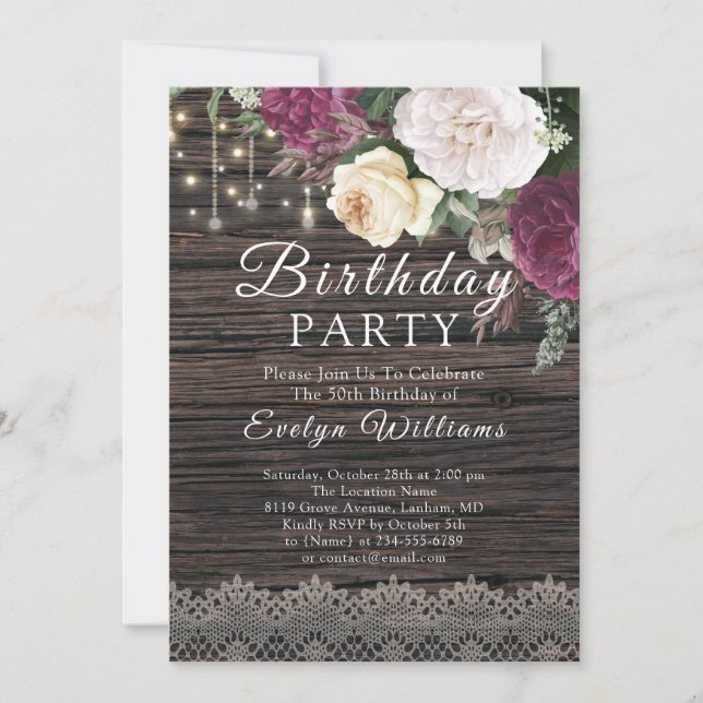 Rustic Floral wood Lace Birthday Invitation (Front)