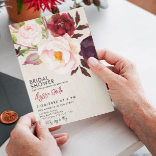 Rustic Floral Wood Marsala Burgundy Bridal Shower Invitation
