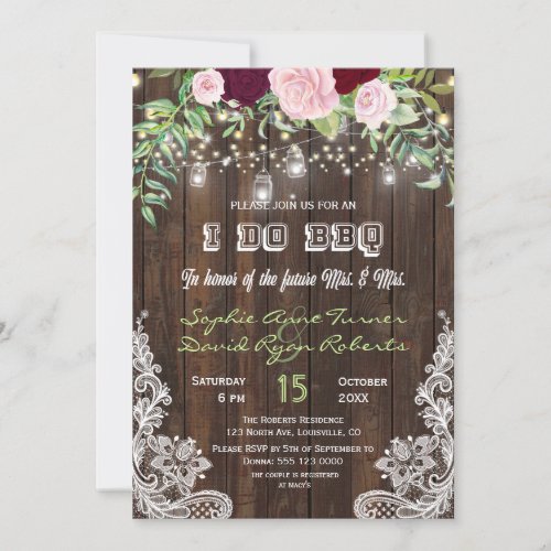 Rustic Floral Wood Mason Jar Lights I DO BBQ Invitation