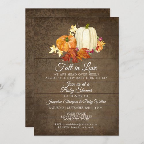 Rustic Floral Wood n Pumpkins Girl Baby Shower Invitation