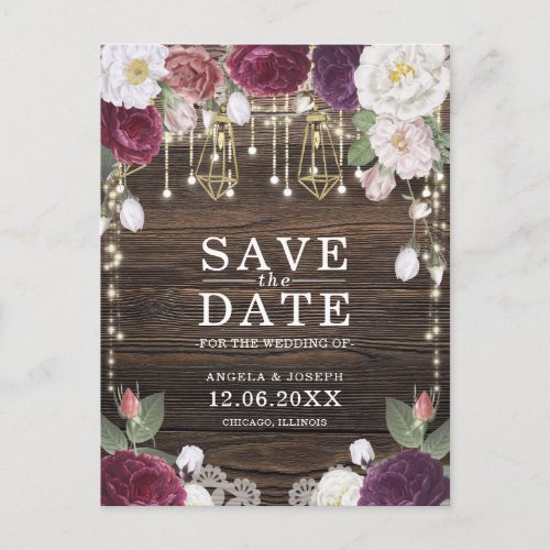 Rustic Floral Wood String lights Save the Date Announcement Postcard