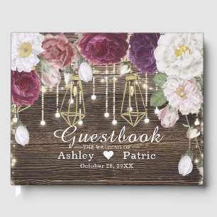 Rustic Floral Wood String lights Wedding Guest Book