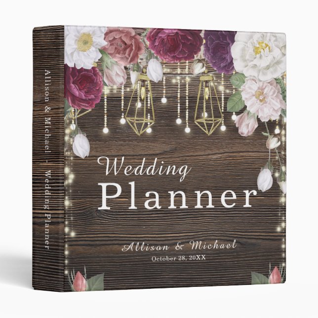 Rustic Floral Wood String lights Wedding Planner 3 Ring Binder (Front/Spine)