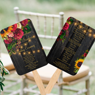 Rustic floral wood string lights wedding program hand fan