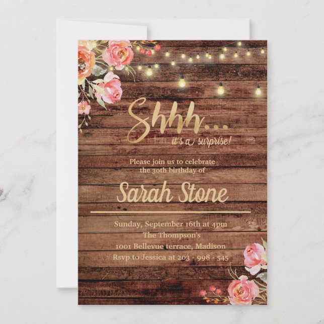 Rustic Floral Wood Surprise Invitation (Front)