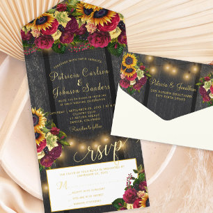 Rustic floral wood wedding RSVP All In One Invitation