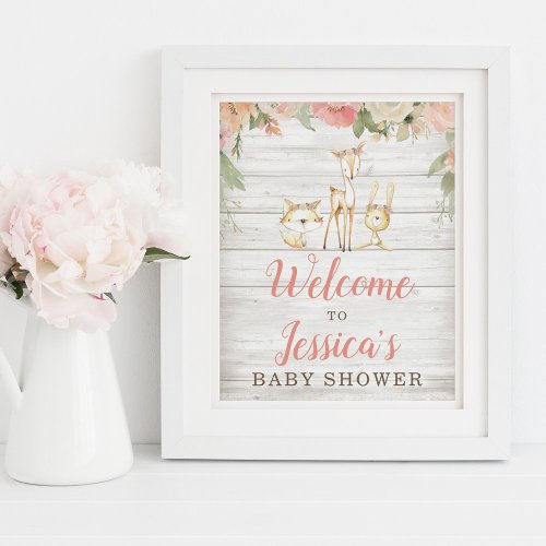 Rustic Floral Woodland Animals Baby Shower Welcome Poster