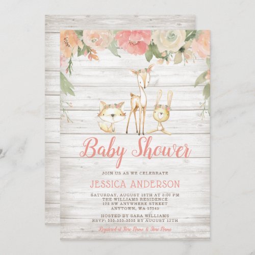 Rustic Floral Woodland Animals Girl Baby Shower Invitation