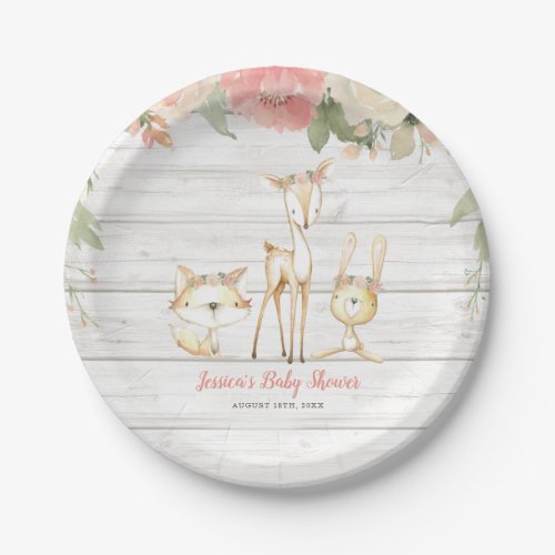Rustic Floral Woodland Animals Girl Baby Shower Paper Plates