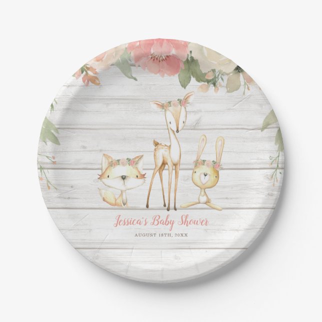 Rustic Floral Woodland Animals Girl Baby Shower Paper Plates (Front)