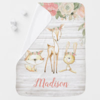 Rustic Floral Woodland Animals Personalized Girl Baby Blanket