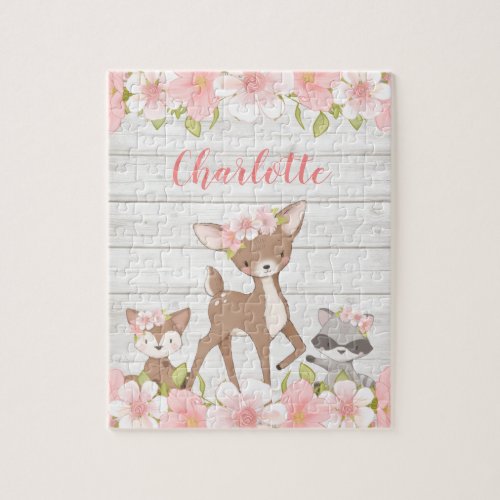 Rustic Floral Woodland Animals Personalized Kids Jigsaw Puzzle