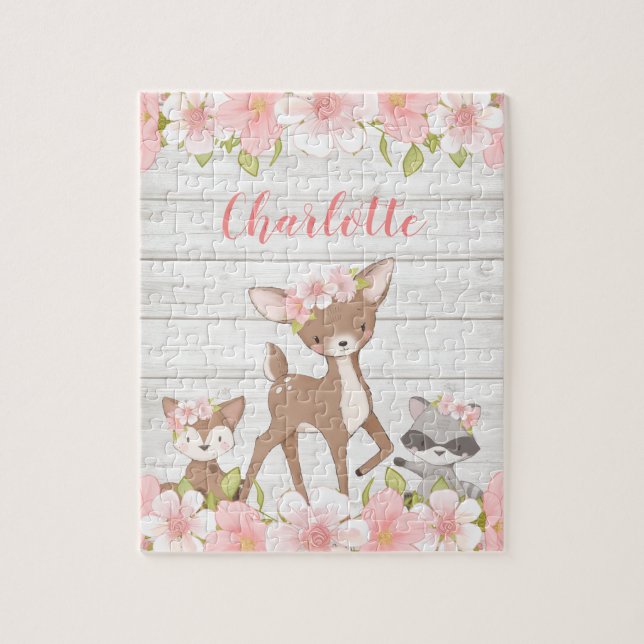 Rustic Floral Woodland Animals Personalized Kids Jigsaw Puzzle (Vertical)