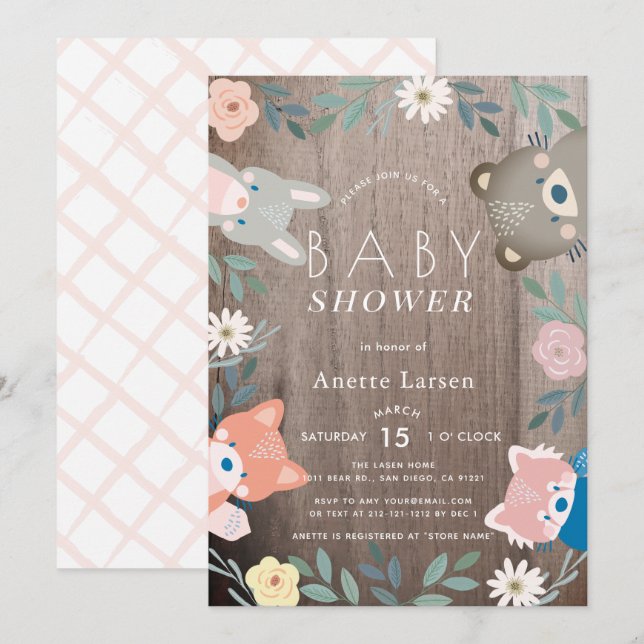 Rustic Floral Woodland Animals Pink Baby Shower Invitation (Front/Back)