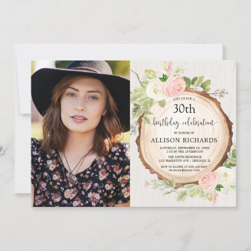 Rustic floral woodland women birthday photo invitation