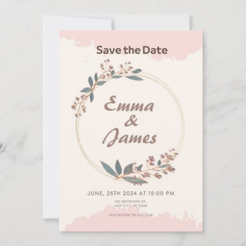 Rustic floral wreath and green leaves invitation