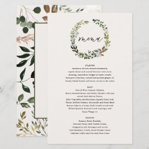 Rustic floral wreath and stag antlers wedding menu
